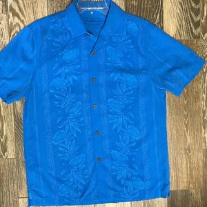 TOMMY BAHAMA Size Large Tropical Short Sleeve Button Down Shirt 100% Silk Blue